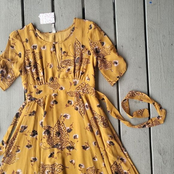 NWT Free People Mustard Yellow Bonnie Butterfly Keyhole Boho‎ Midi Dress 2 - Picture 9 of 11